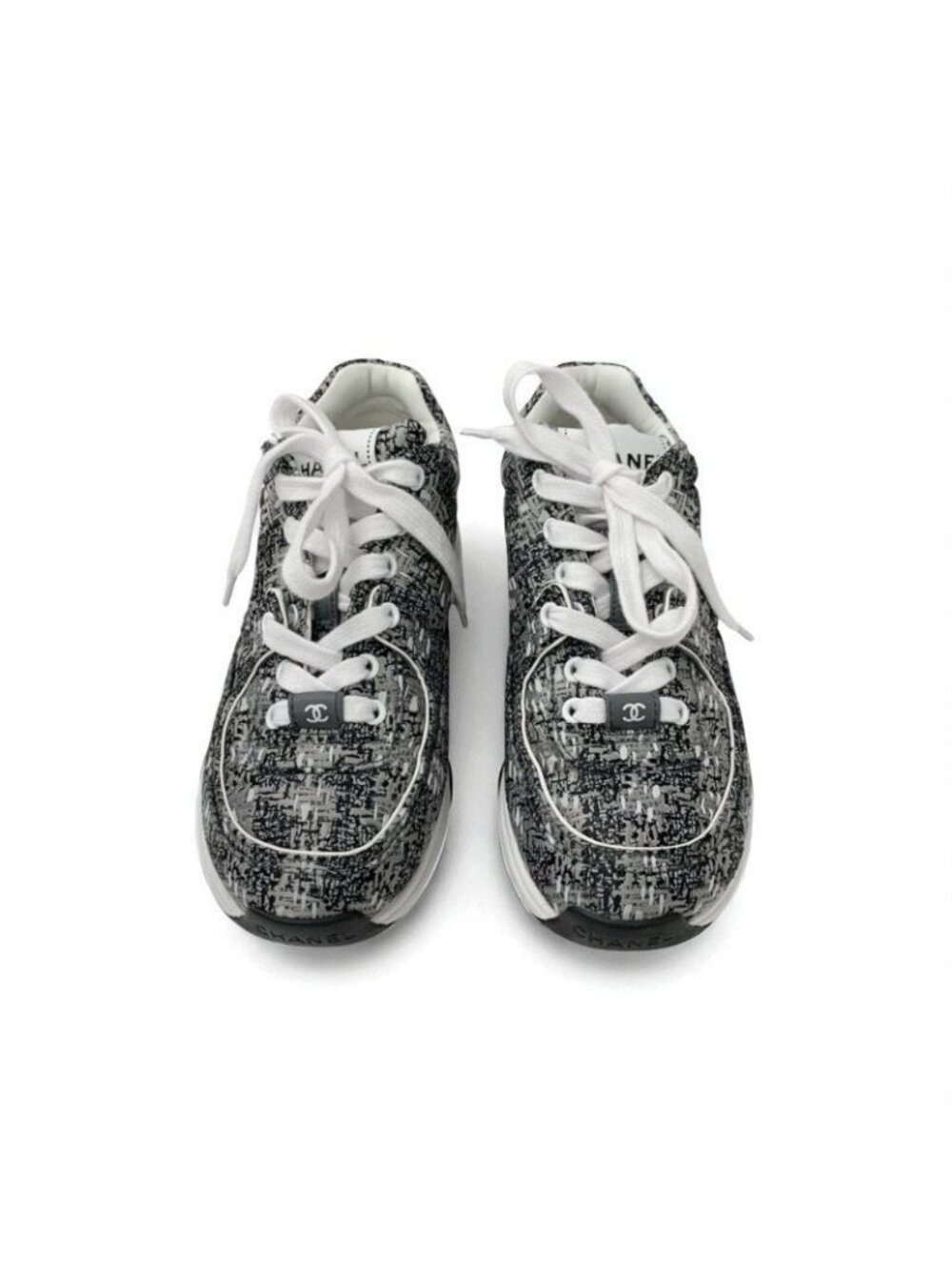 Chanel Sneakers Shoes Fabric Gray Black White Coco Mark Logo - Picture 2 of 9